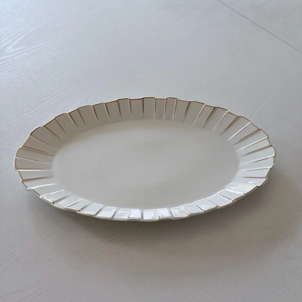 Oval Scalloped Ceramic Platter with Gold Tone Trim Accent